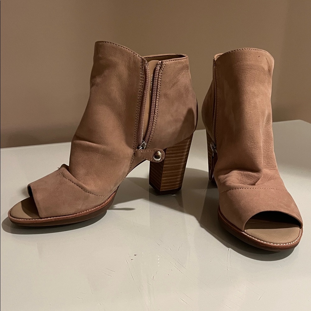 Grid Tan Peep-Toe Ankle Boots